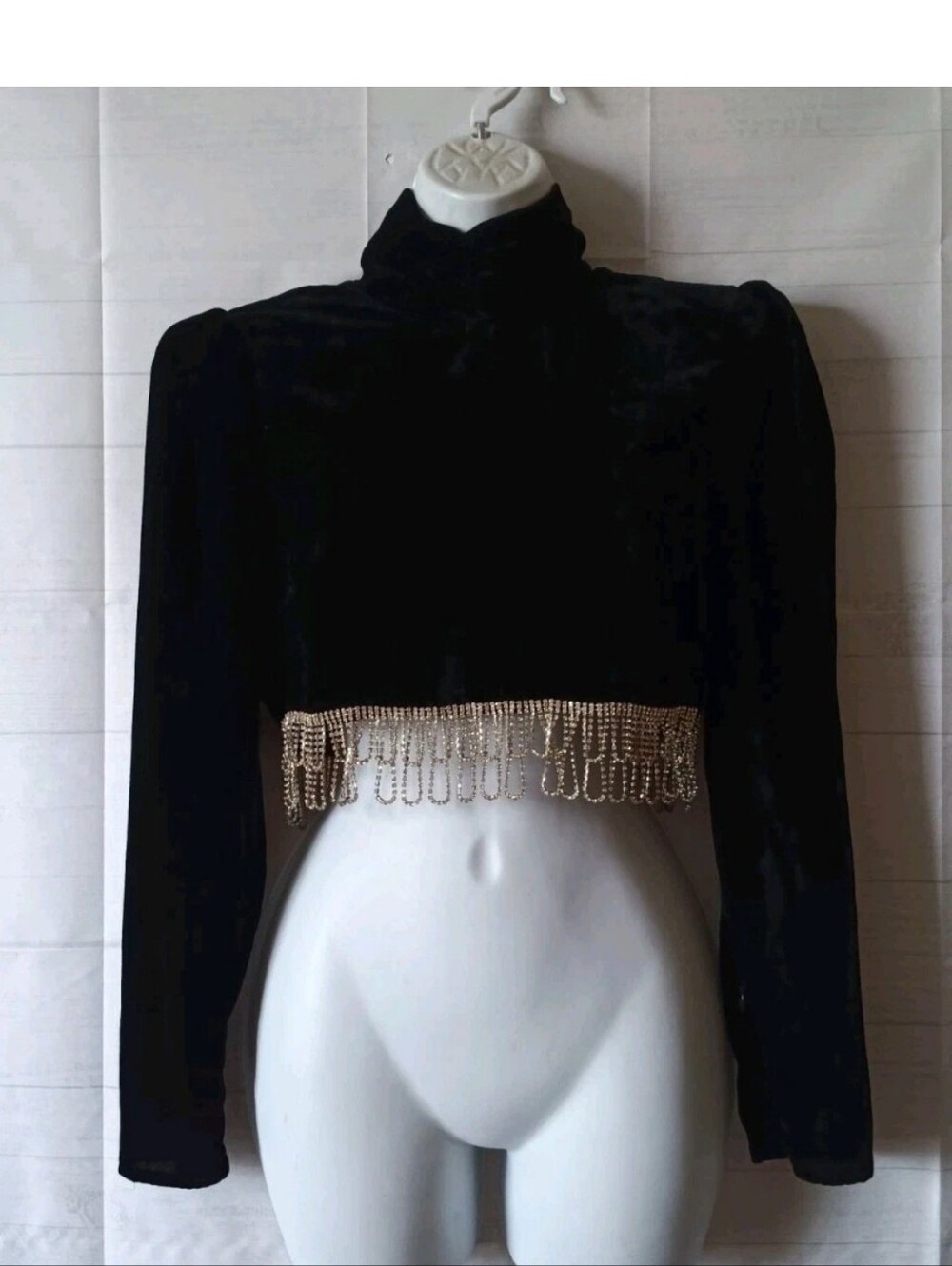 Camila Coelho Size S Black Velvet Cropped Rhinestone Hem Top 150.00